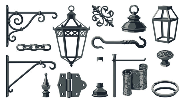 A comprehensive collection of meticulously detailed wrought iron hardware components including ornate lanterns, sturdy wall brackets, heavy hinges, and decorative metal scrolls.