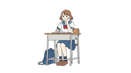 Fototapeta premium Schoolgirl in uniform sitting at her desk and looking thoughtful while studying her open books.