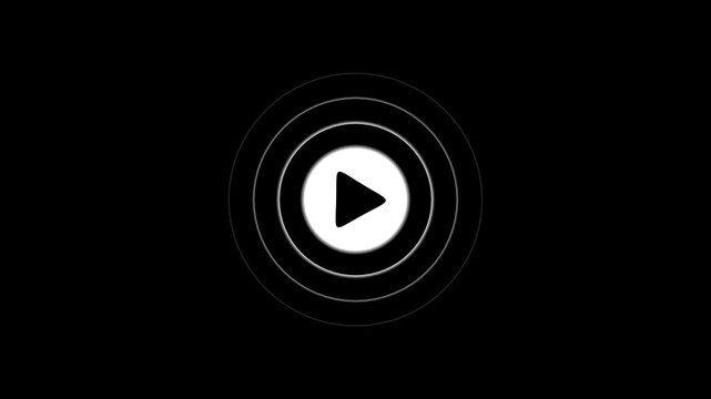 White play button icon with concentric circles on black background, simple graphic, start symbol, playback, user interface, central element,, 4K .