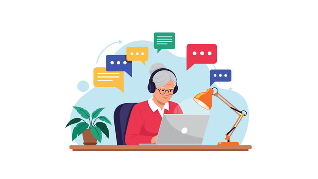 Cheerful elderly woman wearing headphones communicates online via laptop while colorful speech bubbles float around her.