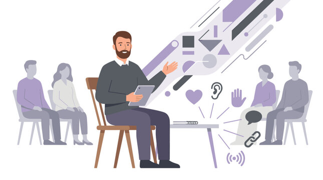 A charismatic male facilitator in a grey sweater leads a collaborative group session while utilizing a digital tablet and various floating sensory communication icons.