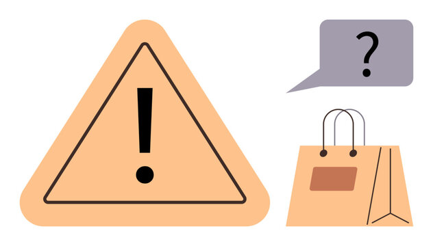 Consumer safety, decision-making, e-commerce, online shopping, retail concerns, caution alerts. Warning triangle with exclamation mark, question in bubble and shopping bag. Consumer safety