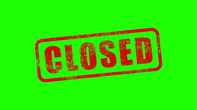 Red closed rubber stamp badge rectangle label, official approval rejection stamp animation, 4K green screen background