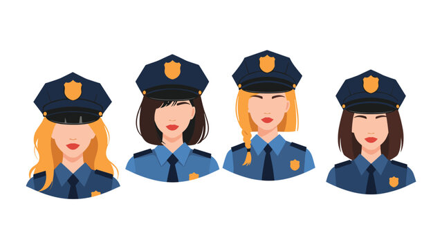 Group of four diverse female police officers in blue professional uniforms and hats shown in a series of portrait avatars.