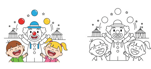Fototapeta premium Circus Clown Juggling with Happy Children Coloring Page for Kids with Color Guide Template, Fun Educational Activity Book Vector Illustration for Preschool and Kindergarten Learning