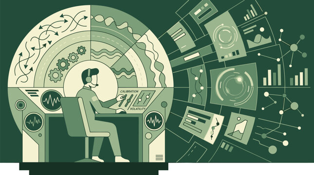 A professional male operator meticulously monitors complex data streams on a large circular control panel within a high-tech command center in muted green.