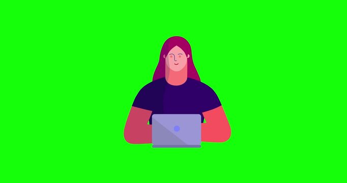 Animated woman body front side scene laptop greenbox. Cartoon animation of businesswoman smiling working. Business explainer flat design people serie movie. Female with computer work scene video.