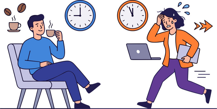 Businessman relaxes with coffee while colleague rushes with laptop.