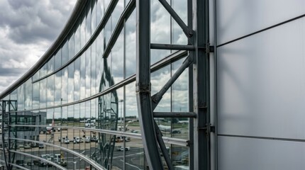 Fototapeta premium Close-up of a modern glass and steel airport terminal facade. Reflection of sky and tarmac on the glass, adjacent copy space panel.