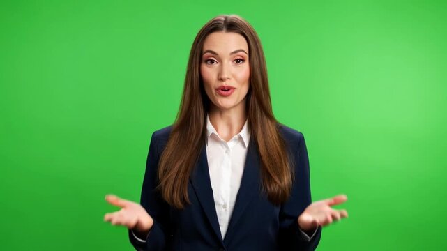 Business woman presenting green screen backdrop with hand gestures