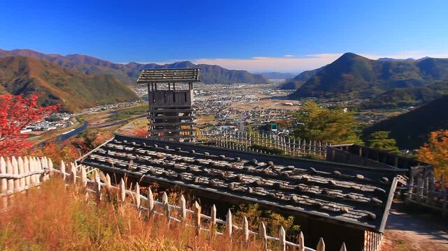 荒砥城跡と坂城市街遠望と岩井堂山などの山並み