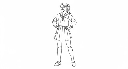 Obraz premium Line Art Drawing of a Young Woman in a School Uniform.