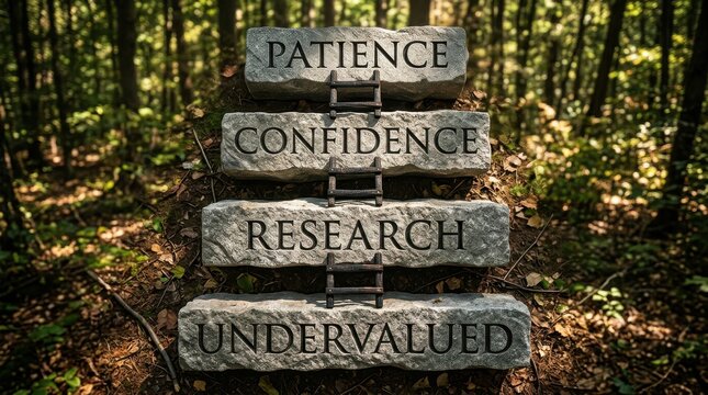 A serene forest scene with a stone sign displaying words Patience, Confidence, Research, Undervalued.