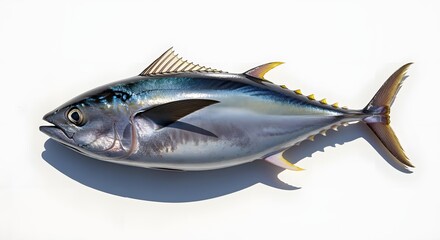 Naklejka premium Vibrant Tuna Fish Displayed on White Surface, Aquatic Life, Ocean Creature, Seafood.