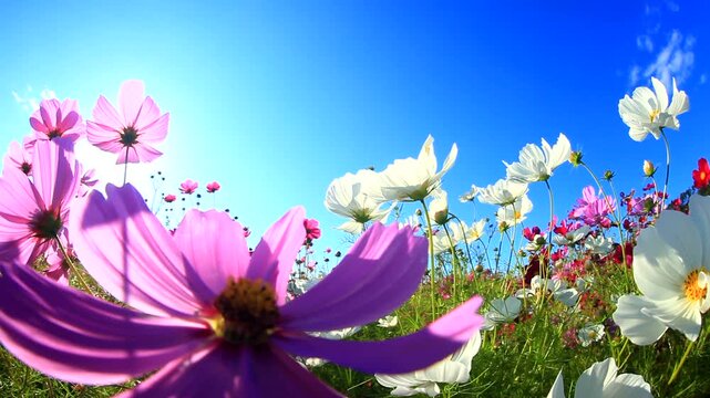 風渡るコスモスの花畑と太陽の光芒