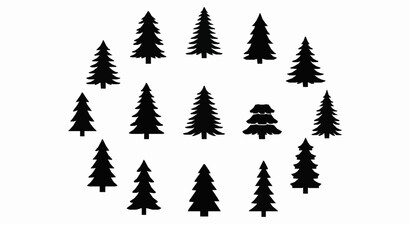 Fototapeta premium Black Christmas tree collection with pine fir holiday silhouette icons