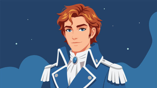 Handsome young man in a regal blue military-style uniform with silver epaulettes and a cravat poses against a starry night sky.