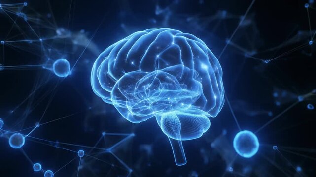 Glowing digital rendering of translucent blue human brain, surrounded by interconnected nodes and lines, neural network visualization theme.