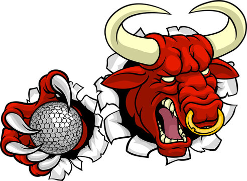 A bull or Minotaur monster longhorn cow angry mean golf mascot cartoon character. 