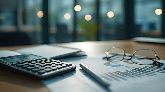 Business calculation tools rest upon a wooden desk with a softly lit office background.