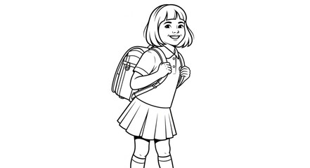 Fototapeta premium Line Art Illustration of a Young Girl with a Backpack.