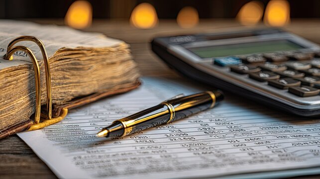 Financial records, calculator, and writing instrument rest upon a wooden surface next to a thick, aged book.