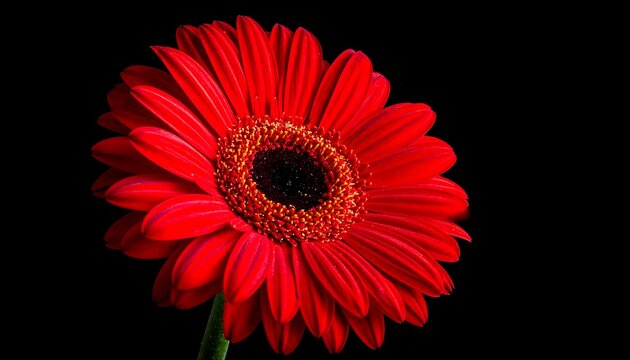 Vibrant red daisy with dark center, isolated on a black background