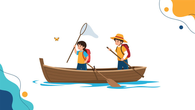 Two children in a wooden rowboat on a calm lake, one using a net to catch a butterfly while the other oars under a bright blue summer sky.