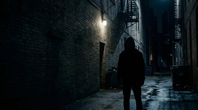 Person standing in dark alley with dim flickering light behind, deep shadows, mysterious silhouette, suspense atmosphere, cinematic contrast lighting, cold tones.