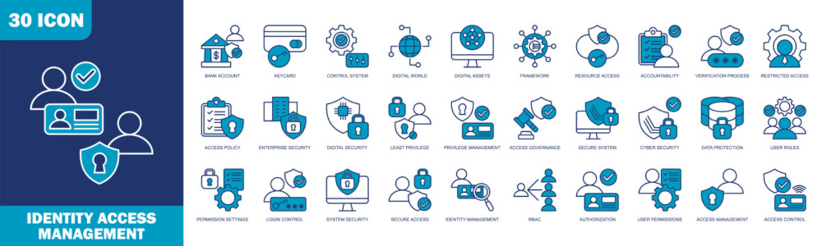 identity access management icon set collection in blue style. icon set consist of bank account, keycard, control system, digital world, digital assets, framework, resource access, and more.