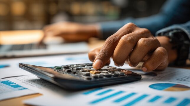 Person performs calculations using a device resting on paperwork displaying numerical data
