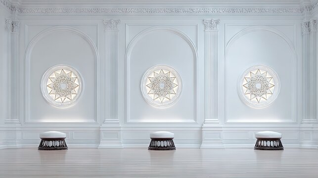 Elegant interior room features symmetrical white wall paneling and ornate circular wall decorations above three dark stools