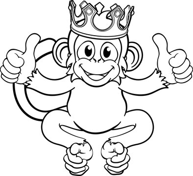 A monkey king cute happy cartoon character animal wearing a crown giving two thumbs up
