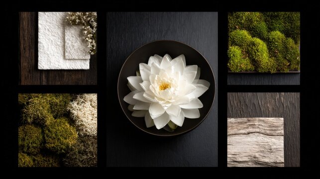Tranquil corporate dinner moodboard with lotus centerpiece