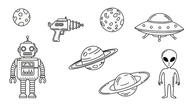 Collection of black outline hand-drawn space icons including a vintage robot, ray gun blaster, UFO flying saucer, alien extraterrestrial, and planets with rings on white background.