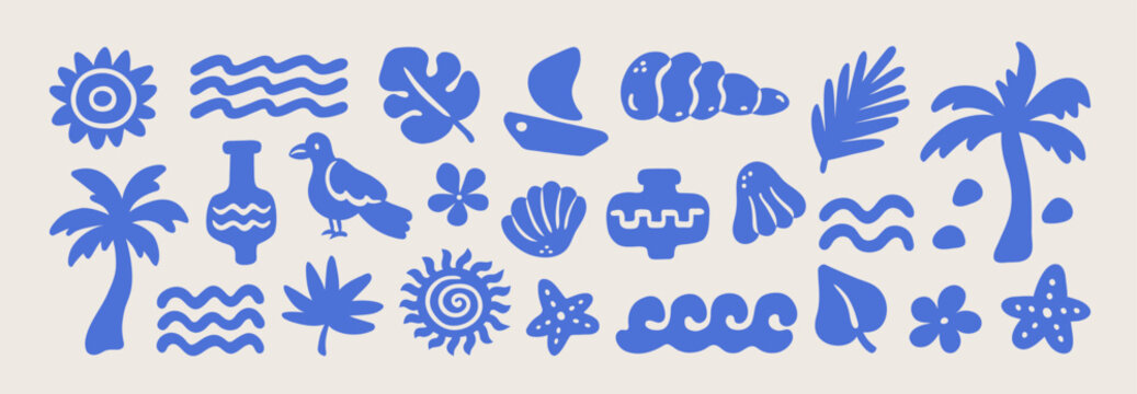 Summer boho element set. Hand drawn palm tree, sun, sea, flowers, vase, seashells, wave, bird, tropical leaves in naive style. Tropical print, vacation beach and ocean travel. Vector illustration.