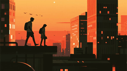 Naklejka premium Illustration Of People Exploring The Rooftops Of City Buildings With A Sunset View Vector Design Template