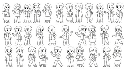 Fototapeta premium Line art of various cartoon characters in different poses and outfits.