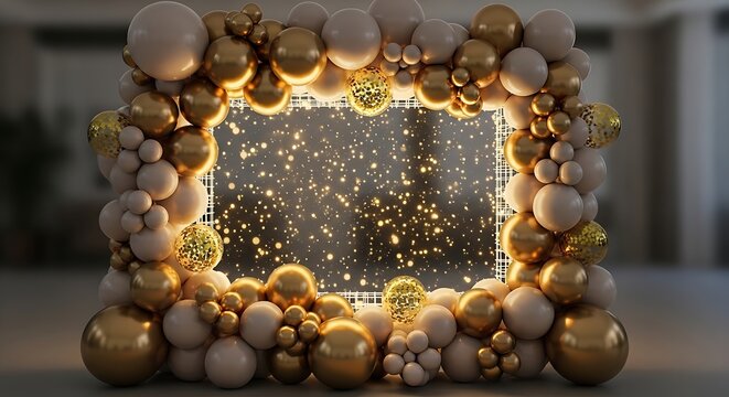 Golden Christmas wreath with glowing lights and pinecones on wooden table
