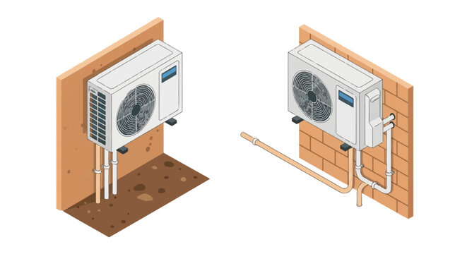 Isometric vector illustration of two air conditioning outdoor condenser units mounted on brick and plaster exterior walls showing copper refrigerant pipes and drainage tubes.