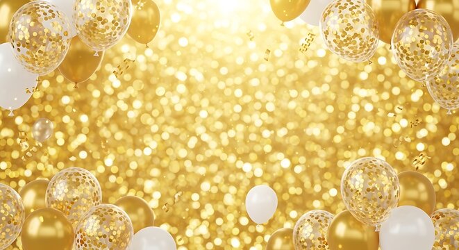 Golden glitter background with shiny balloons, festive celebration scene
