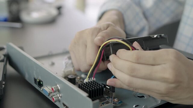 Hand of woman removing the hard drive from a CCTV recorder in order to repair the recording device.