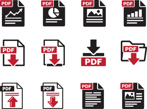 PDF file format icons set with download symbols for documents images videos and interactive forms.