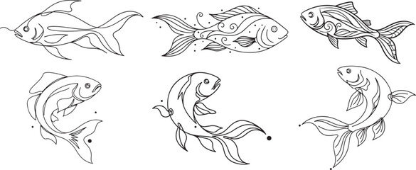 Obraz premium Koi Fish Tattoo Line Art Japanese Style Vector Collection