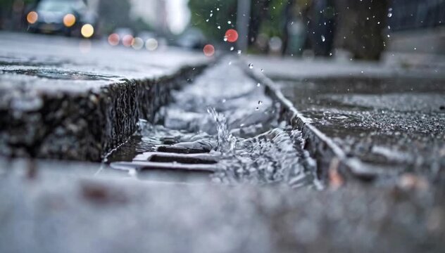 Rainwater Flowing in Drain During Heavy Rain