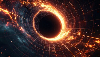 Obraz premium A glowing, fiery wormhole in space, framed by a grid and nebula