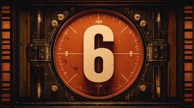 Vintage countdown timer, number six on mechanical film leader background