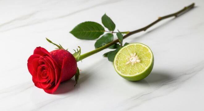 A red rose and a halved lime on a white marble surface with green leaves on the stem of the rose sti