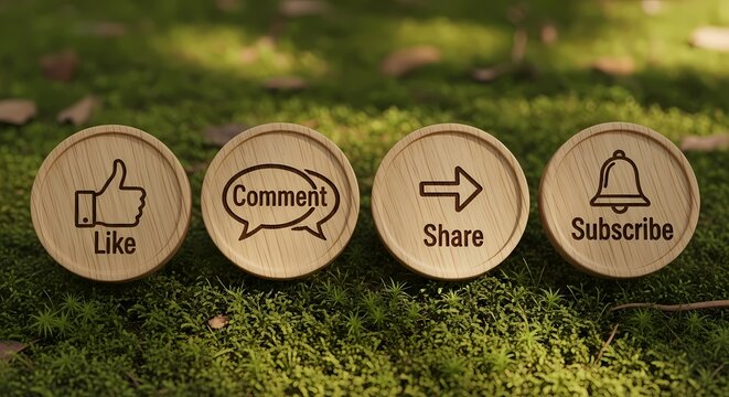 Rustic wooden social media tokens like comment share subscribe on mossy ground