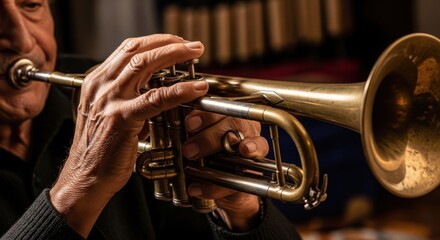 Fototapeta premium A close-up view of a person playing a brass trumpet with both hands in a studio setting with natural